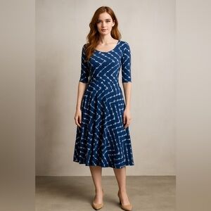 Lularoe Womens Nicole Dress Sz Small Navy Blue White Fit & Flare Midi Stretch